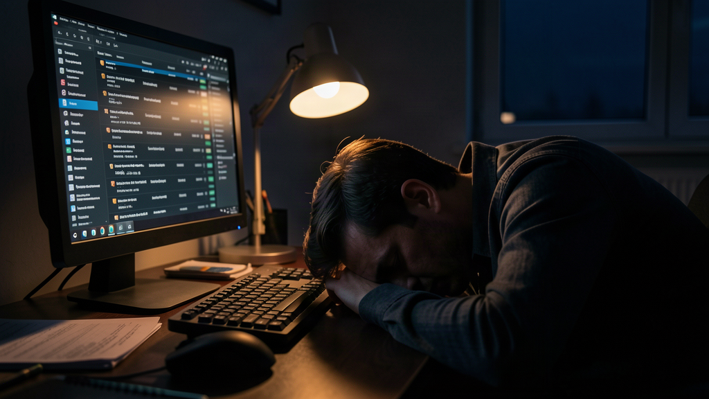 A store owner asleep face-down at his desk at night, monitor inbox still glowing