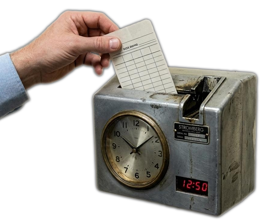 A worker's hand punching a time card in a vintage factory punch clock